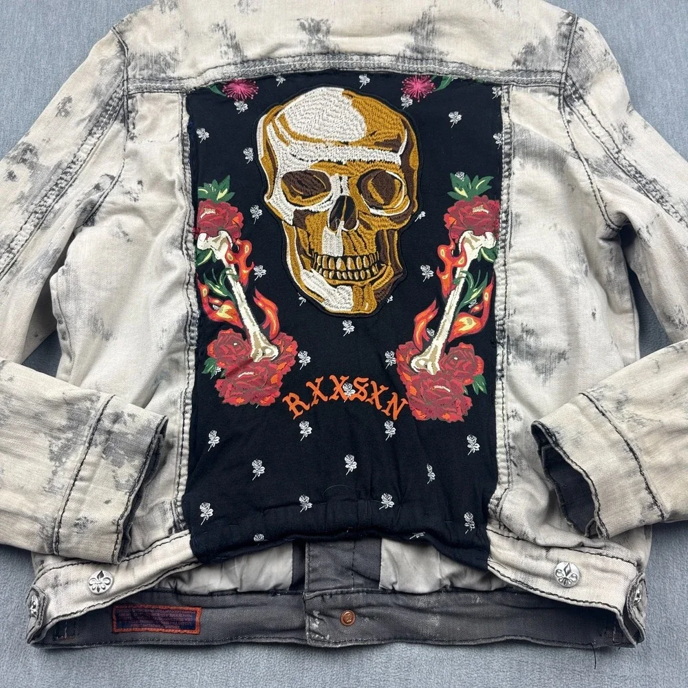 VTG‎ Rock Revival Jacket Mens XL Gray Distressed Studded Rare Custom Patch Skull